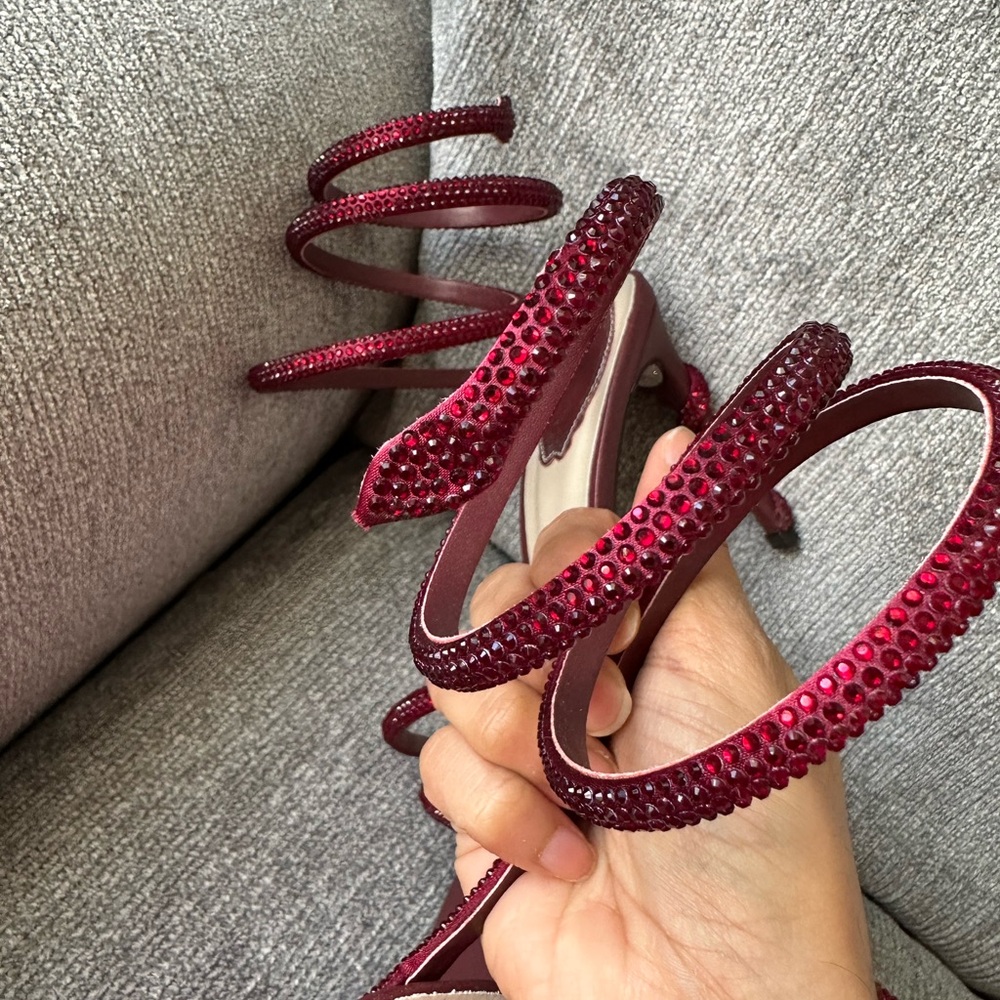 Rene Caovilla Burgundy Red Strappy Crystal Wrap Sandals - Picture 3 of 16